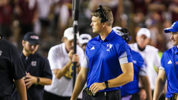 Eastern Illinois Panthers head coach Adam Cushing directs his team against the South Carolina Gamecocks in the third quarter at Williams-Brice Stadium.